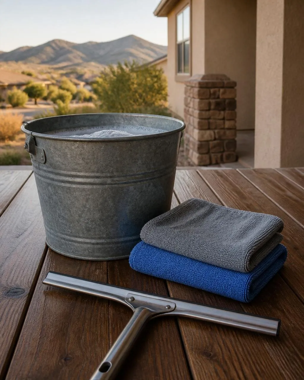 Owner of Alexanders Window Cleaning holding a professional squeegee in Prescott Valley Arizona