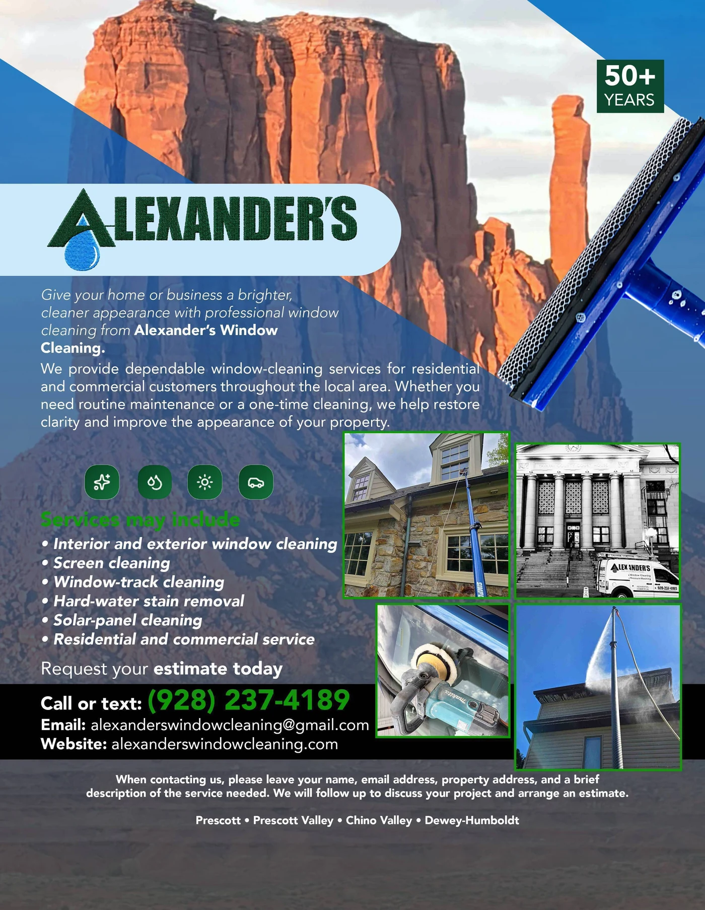 Alexanders Window Cleaning flyer with service details, Prescott-area coverage, and contact information