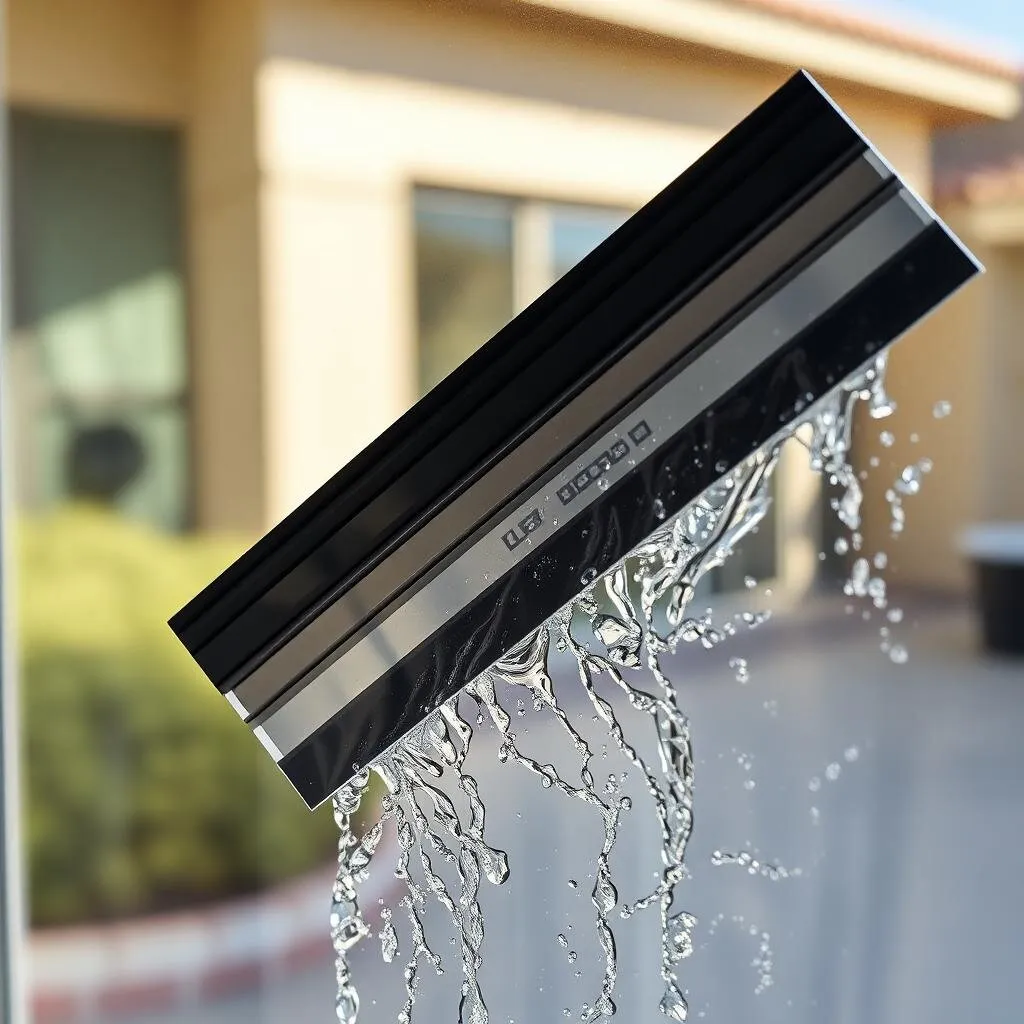 Professional squeegee gliding down a sparkling clean residential window with water sheeting off