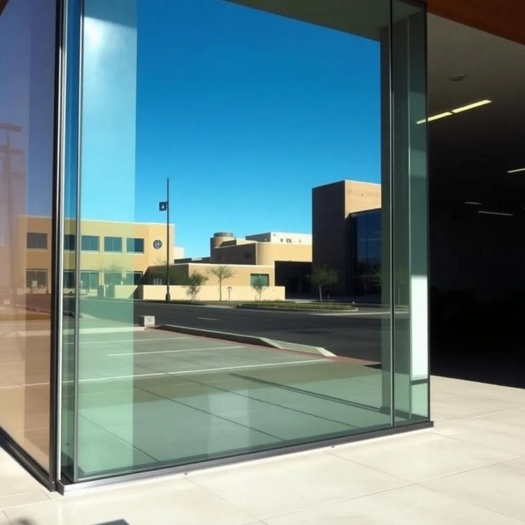 Pristine commercial storefront glass reflecting a clear blue Arizona sky