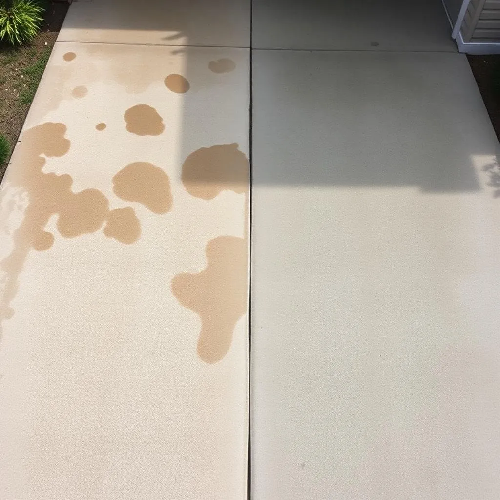 Concrete driveway split between stained dirty side and freshly pressure washed clean side