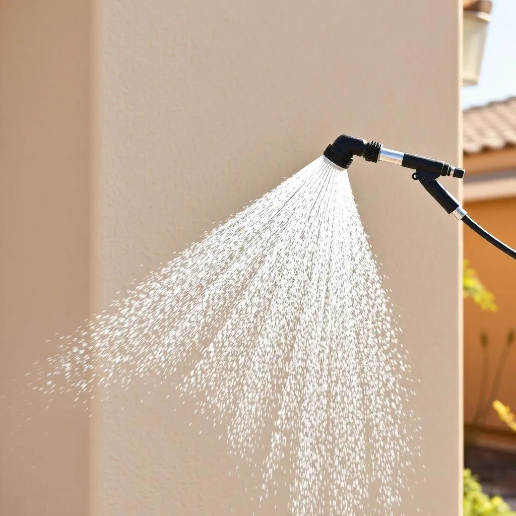 Soft wash spray nozzle misting cleaning solution onto a beige stucco exterior wall
