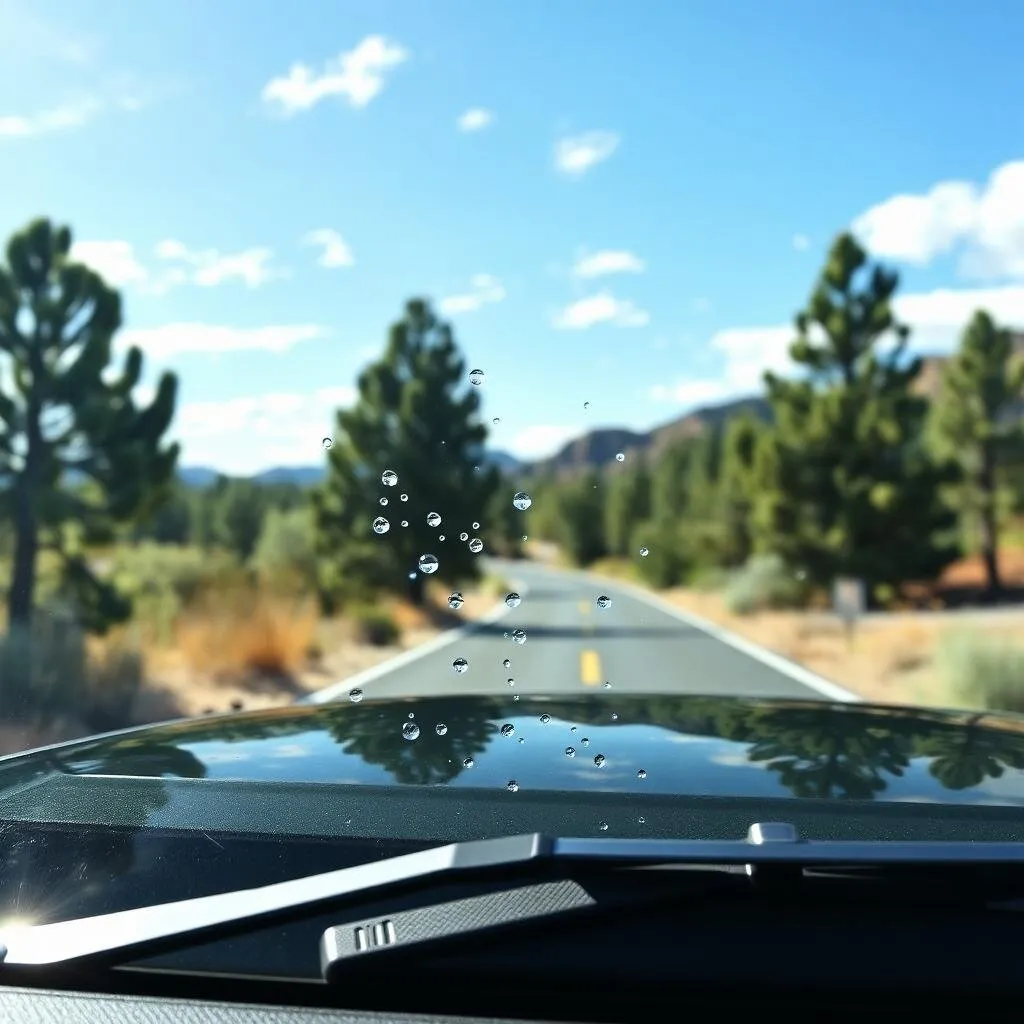 Crystal-clear restored windshield with water beads showing an Arizona highway and pines