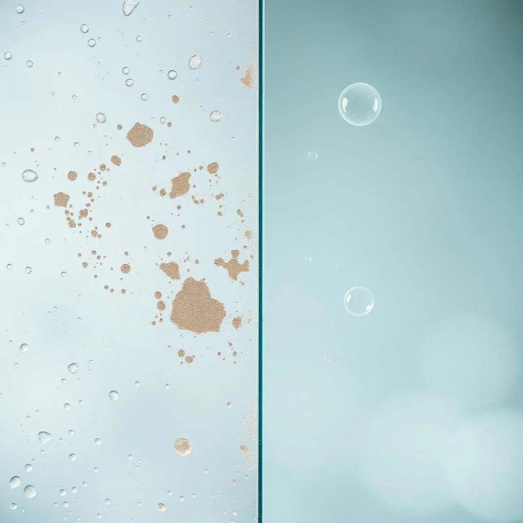 Close-up of glass split between mineral-stained hard water side and perfectly restored clear side