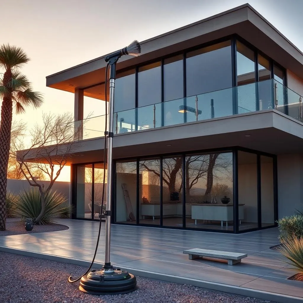 Tall water-fed cleaning pole reaching the upper glass of a modern Arizona desert home at golden hour