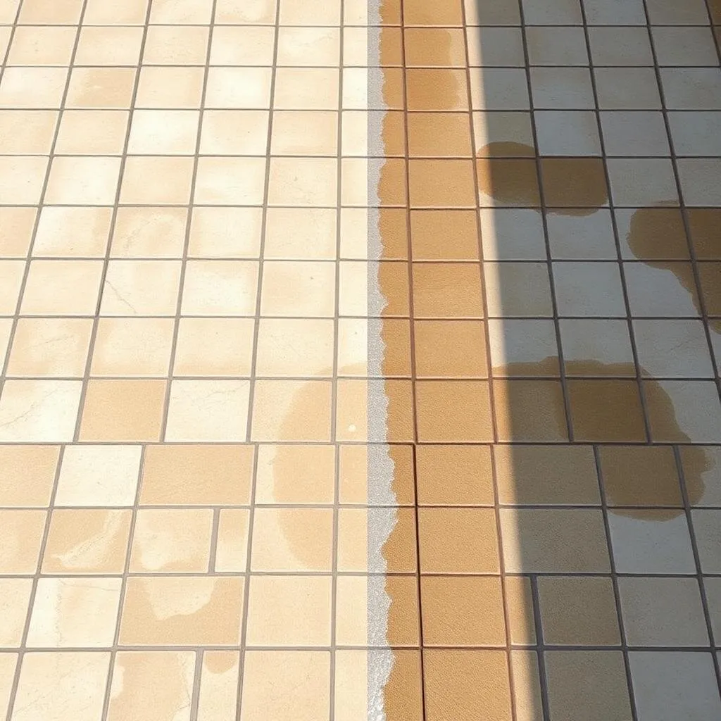 Stone paver patio mid pressure wash showing dramatic clean stripe against dirty section