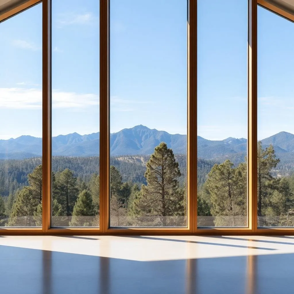 Wall of perfectly clean picture windows looking out over Prescott Arizona pines and mountains