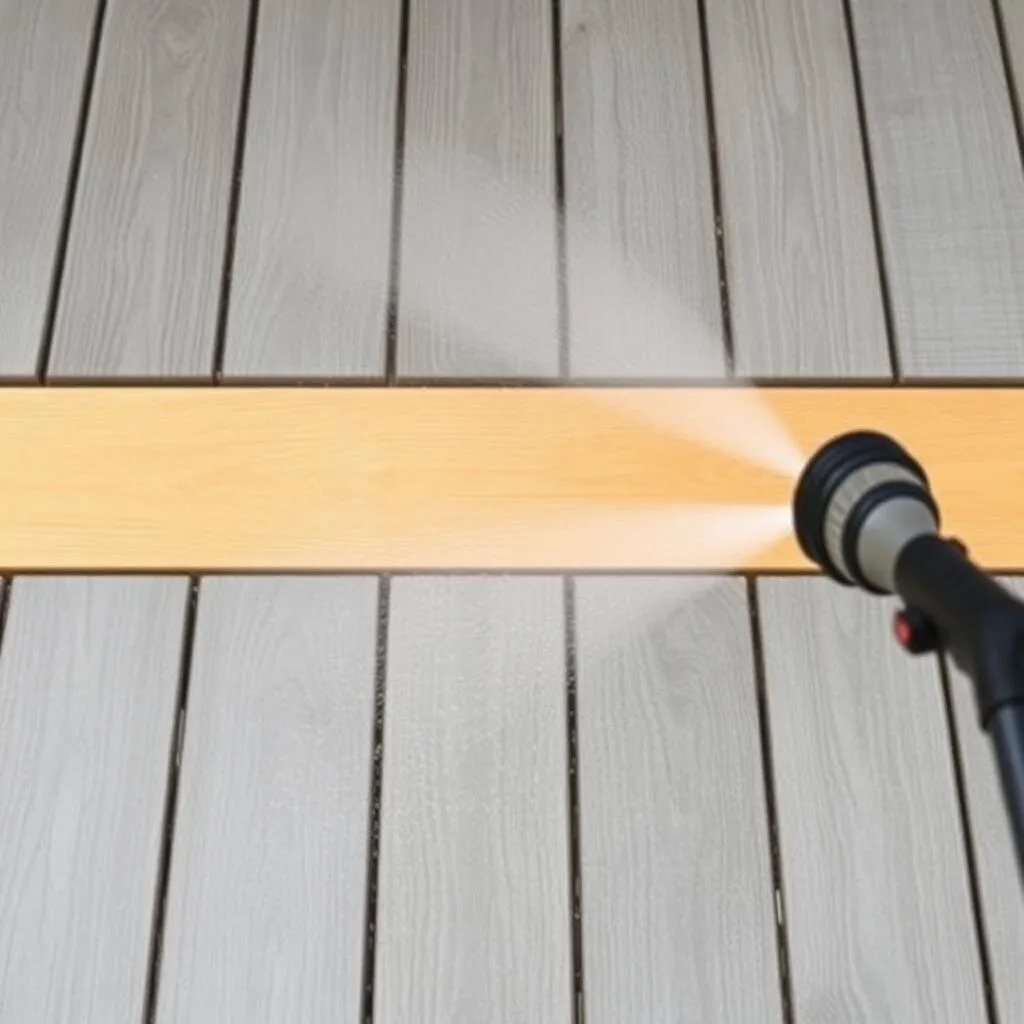 Pressure washer revealing fresh warm wood color on a weathered gray deck plank