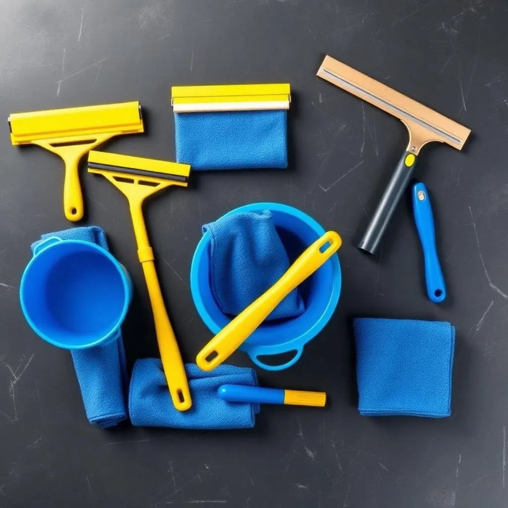 Flat lay of professional window cleaning tools including yellow squeegees, blue microfiber and a bucket