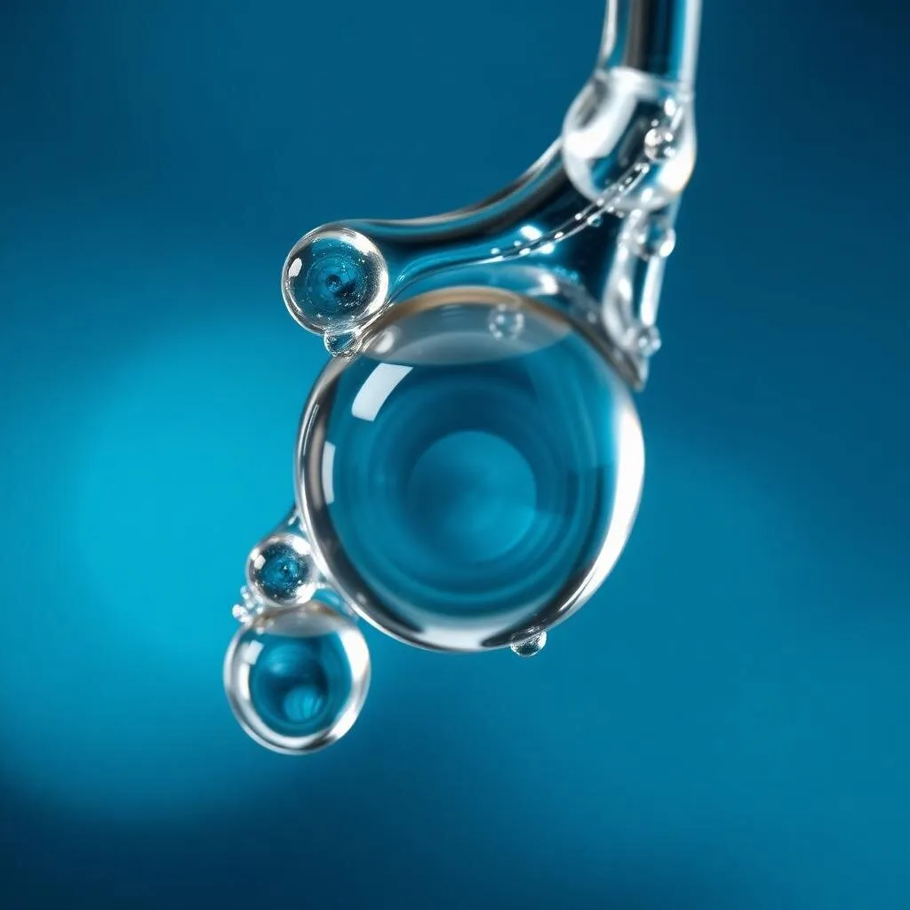 Macro shot of crystal clear water droplets refracting light against a blue background