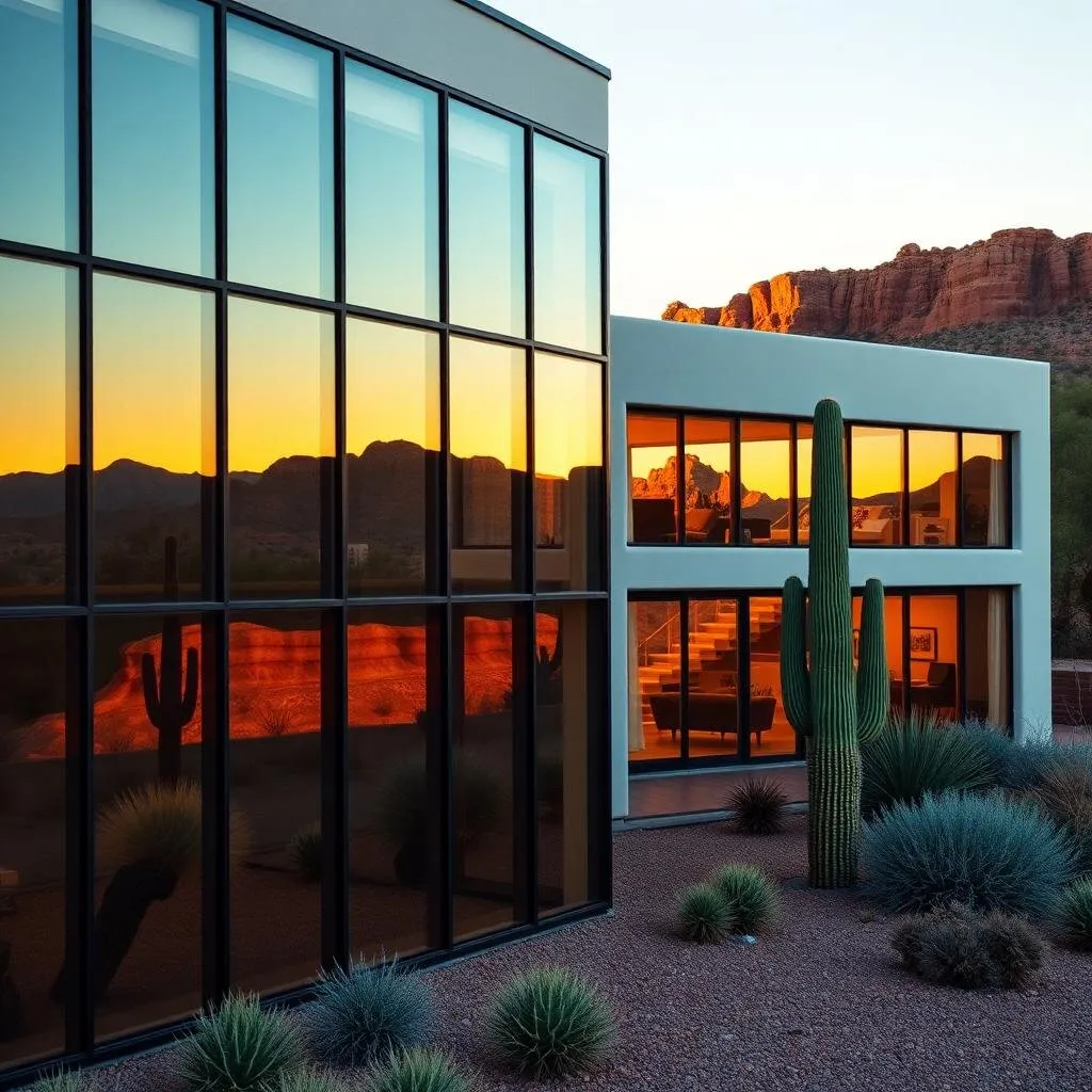 Modern Arizona home with every window perfectly clean reflecting red rock landscape at golden hour