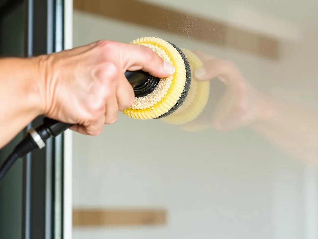 Hard water and mineral stains being polished out of a residential window pane during a glass restoration in Prescott Valley