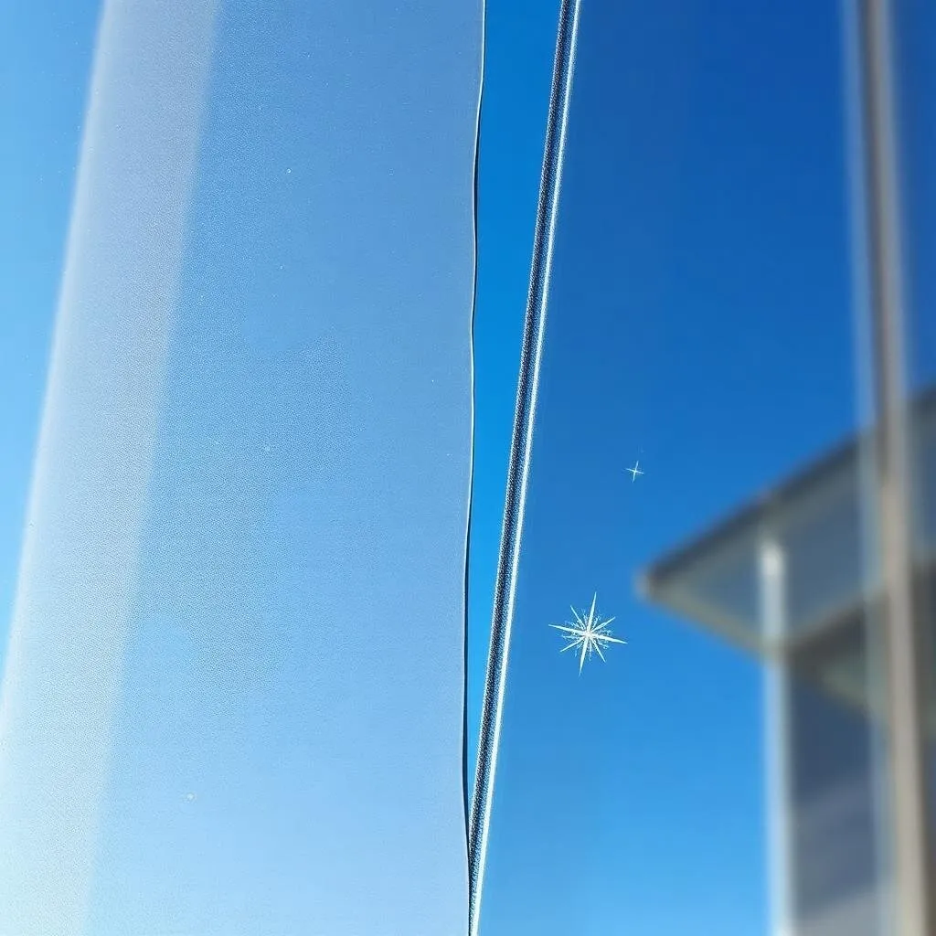 Side-by-side comparison of a hard-water stained pane and a freshly restored crystal-clear window pane
