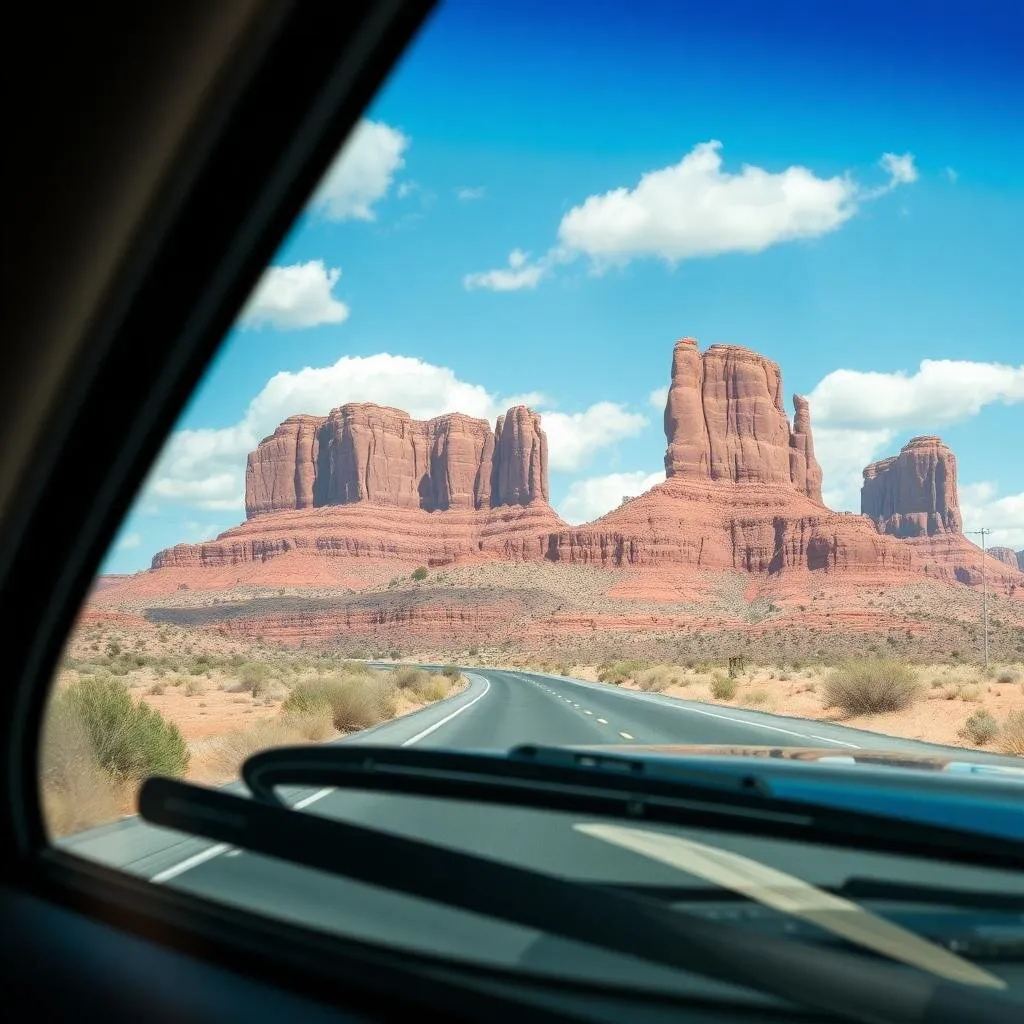 Driver's view of a freshly restored crystal-clear windshield on a northern Arizona highway at sunset