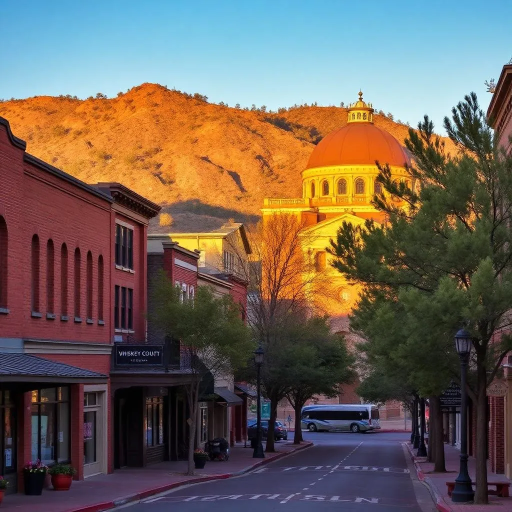 Historic downtown Prescott Arizona Whiskey Row at golden hour with brick storefronts and the Yavapai County Courthouse dome