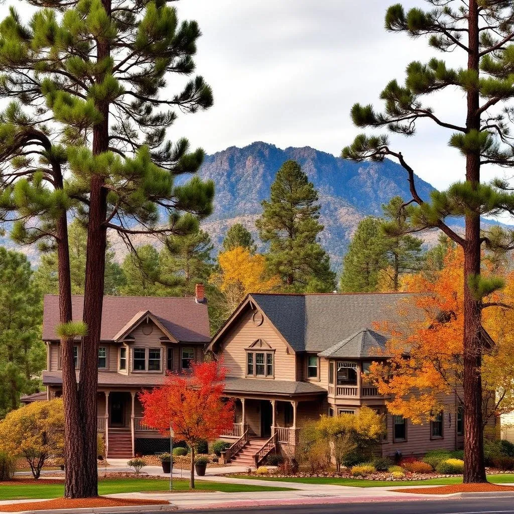 Historic Craftsman-style home framed by tall ponderosa pines and autumn aspens in a Prescott, Arizona neighborhood
