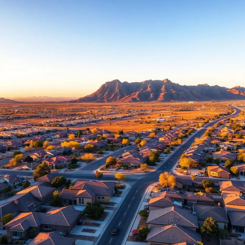 Aerial view of Prescott Valley, Arizona at golden hour with Glassford Hill in the background