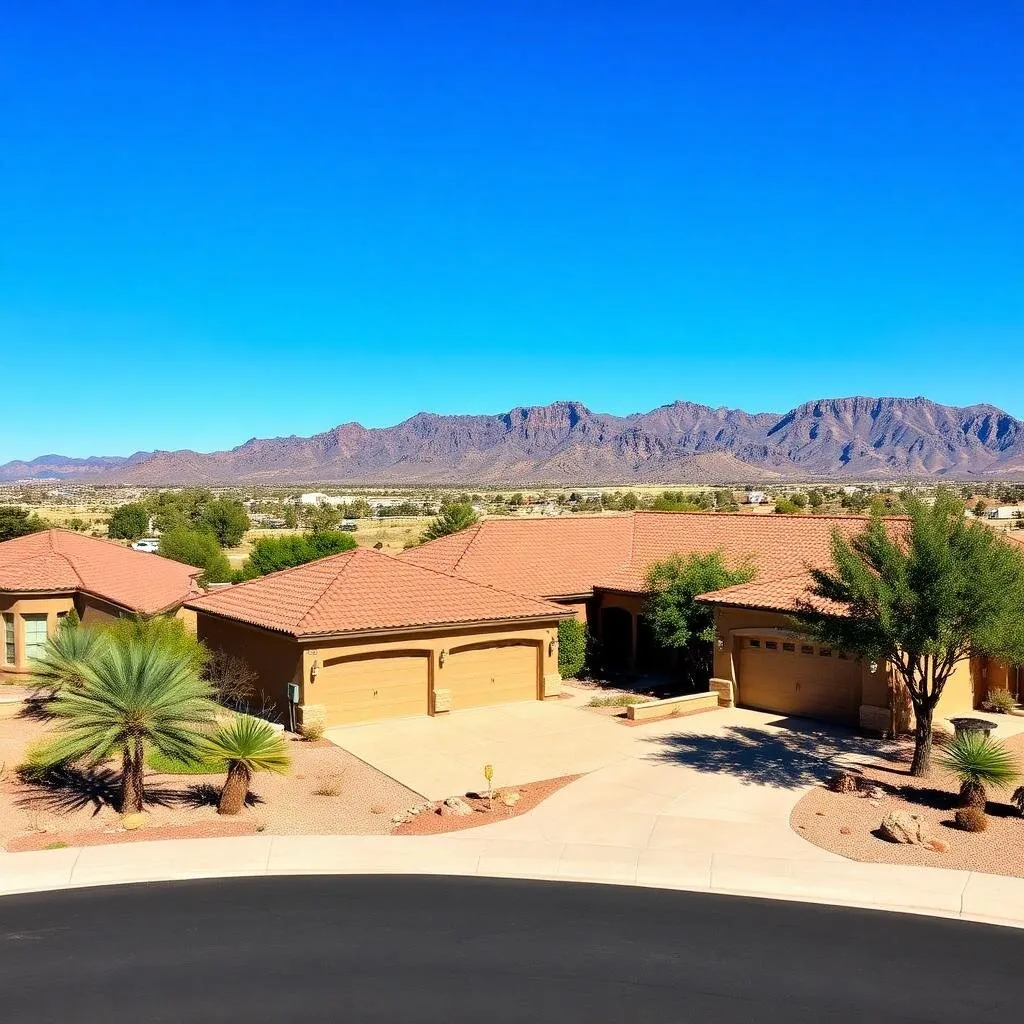 Stucco residential homes with red tile roofs in a Prescott Valley, Arizona subdivision with mountain views